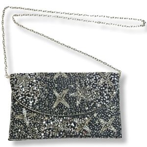 Lulu Celestial Star Sequin Beaded Evening Clutch w Detachable Chain Strap